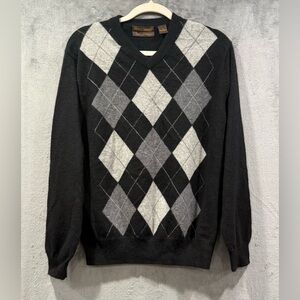 Paolo Mondo Argyle Black Sweater Mens Medium 100% Cashmere Pullover